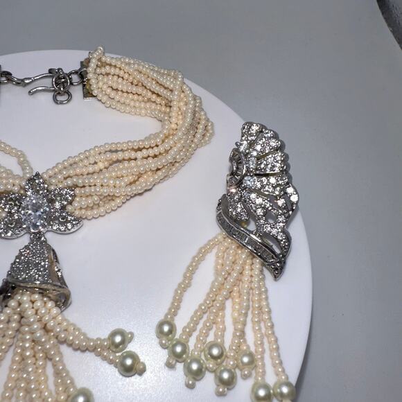 Indian white gold plated cubic zirconia glass pearl bracelet earrings set - Picture 5 of 8